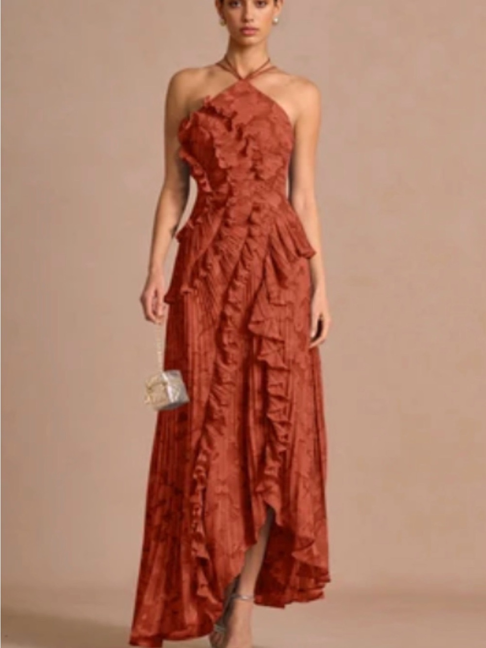 Azazie Rust Halter High-Low Ruffle Maxi Dress